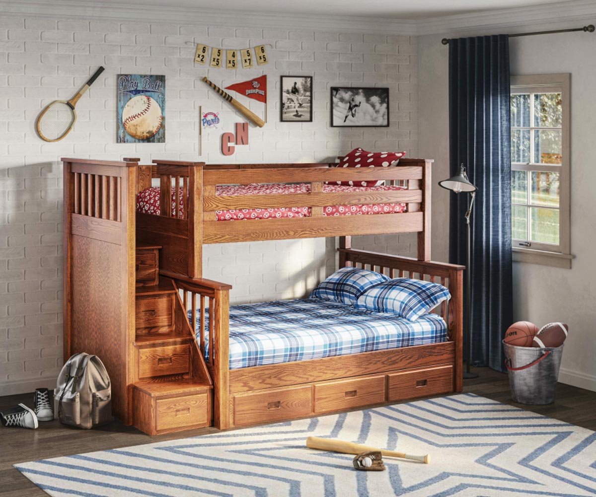 A wooden bunk bed with built-in storage stairs and under-bed drawers, designed for kids' bedrooms. The top bunk has safety rails, while the bottom full-size bed features plaid bedding, creating a cozy and organized space.